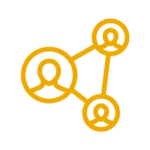 three connected nodes with faces, gold icon
