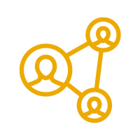 three connected nodes with faces, gold icon